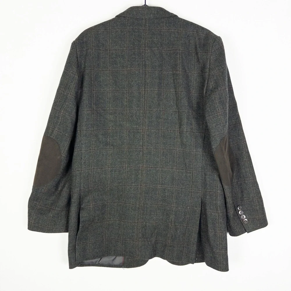 Jos A Bank 1905 Wool Blazer Mens 42R Green Windowpane Plaid Elbow Patch Heritage